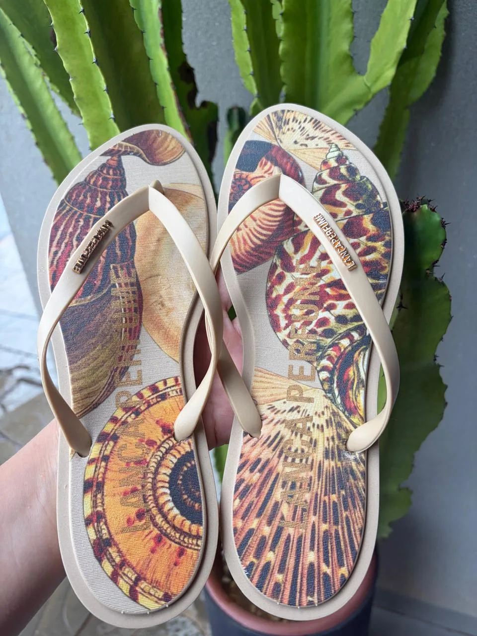 chinelo estampado e metal lanca perfume