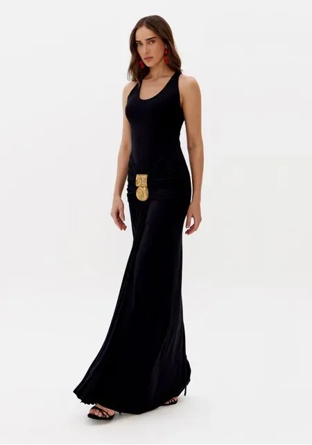 Vestido Longo Com Aviamentos Na Frente