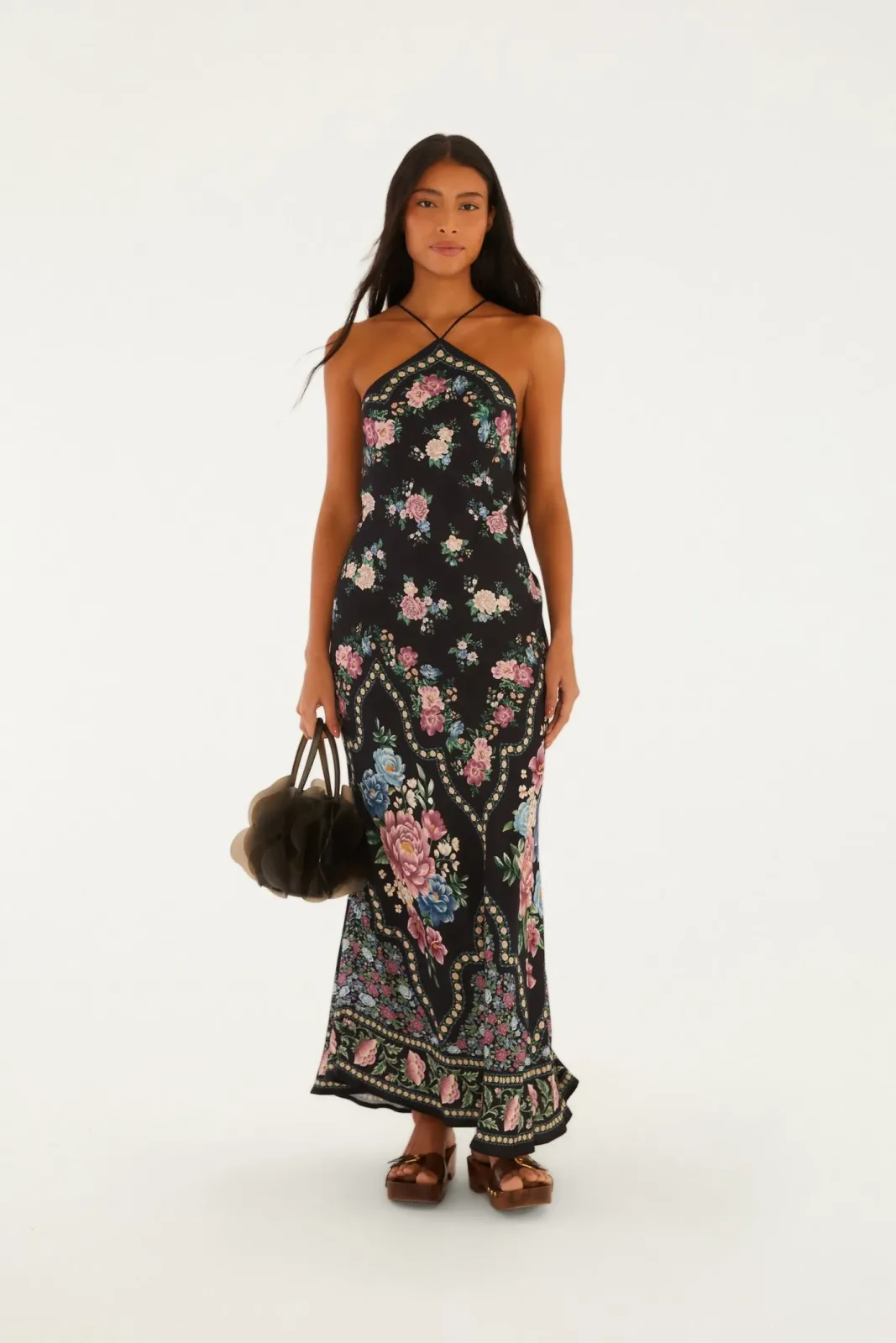 Vestido Longo Frente Única Estampado Romance