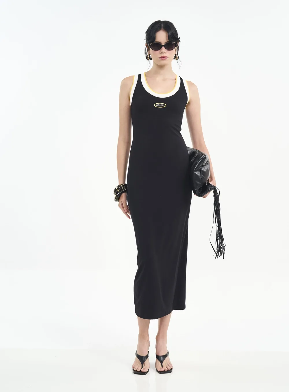 Vestido Midi Canelado Bicolor Com Escrita